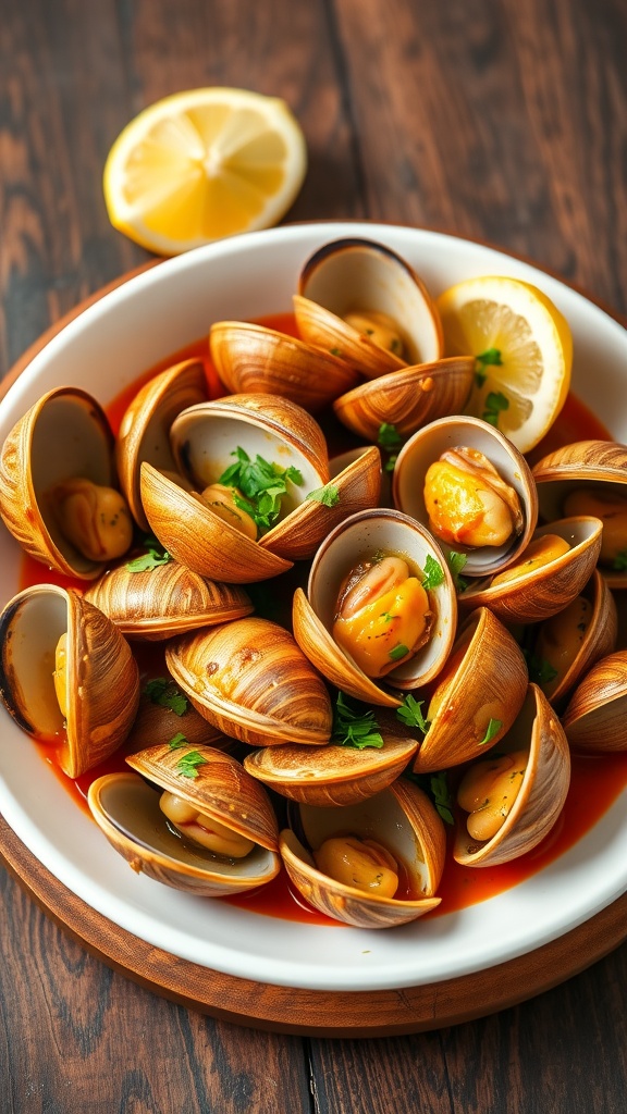 A savory clam dish with garlic sauce and herbs, presented on a wooden table with lemon wedges.